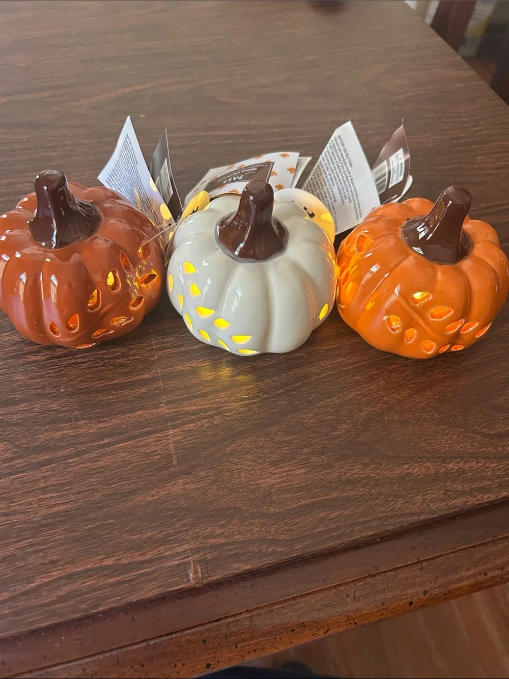 Hobby Lobby Ceramic Pumpkin Lanterns in Orange, Cream and Brown